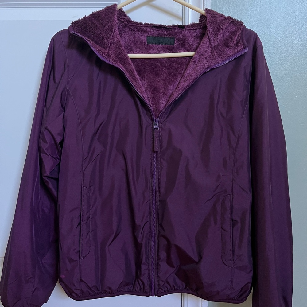 medium uniqlo purple fuzzy windbreaker bomber jacket zip up with hood